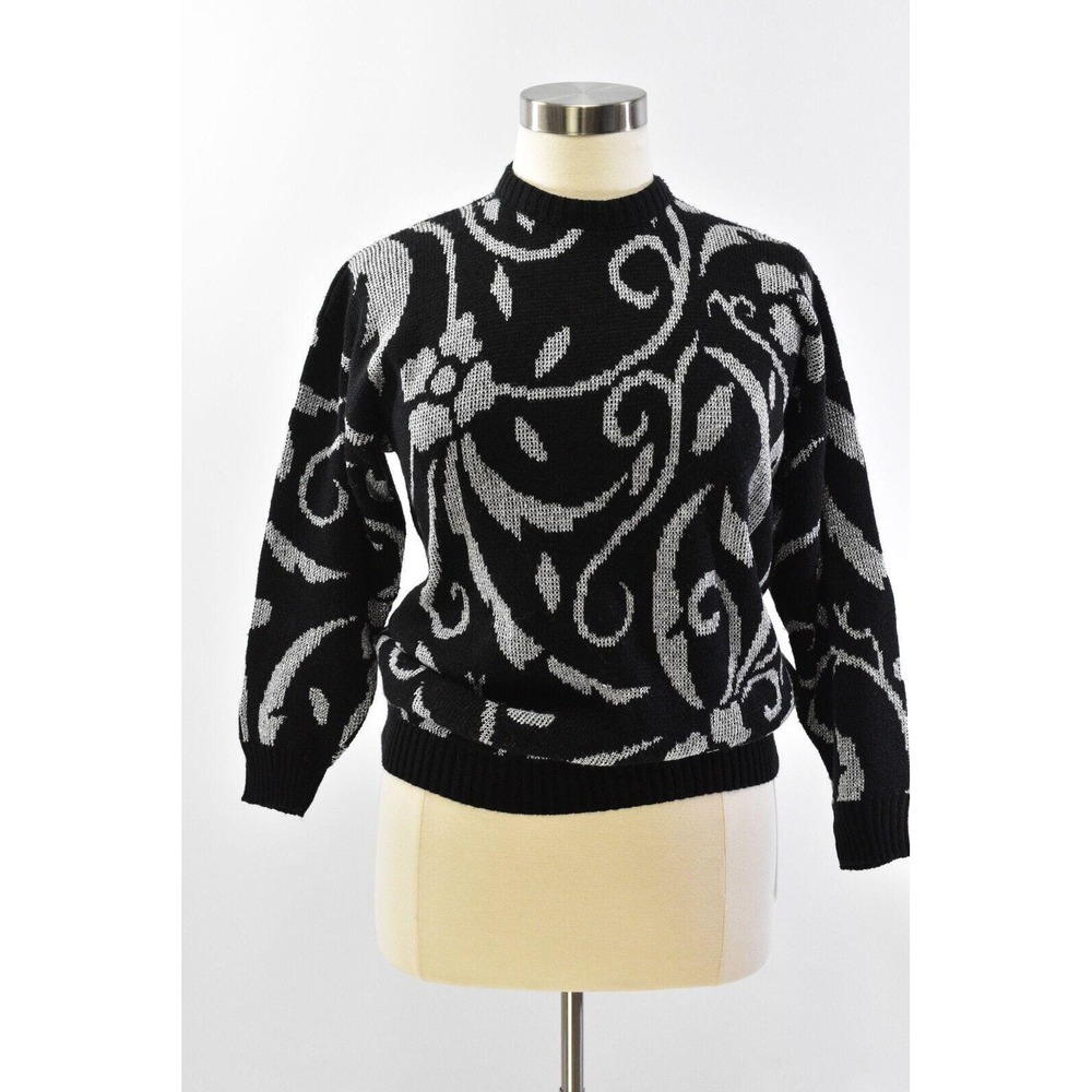 80s Vintage Black & Silver Metallic Art Deco Sweater Womens M 10 Relaxed Holiday